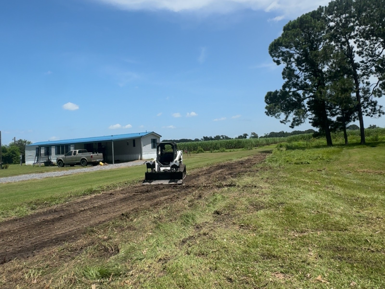 Skid steer clearing a path across a grassy property